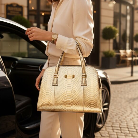 Michael Kors Metallic Gold Python Gia /Gold Tone Hardware Dual Flat Handbag - Picture 1 of 11